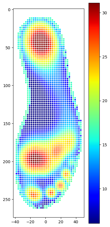 Resampled plantar pressure map with coordinate axes and a numerical color scale